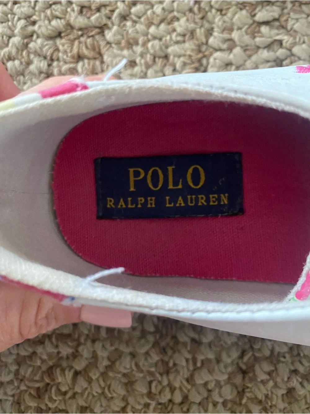 Ralph Lauren White Sneakers with Pink Polo Logo and Pink Trim